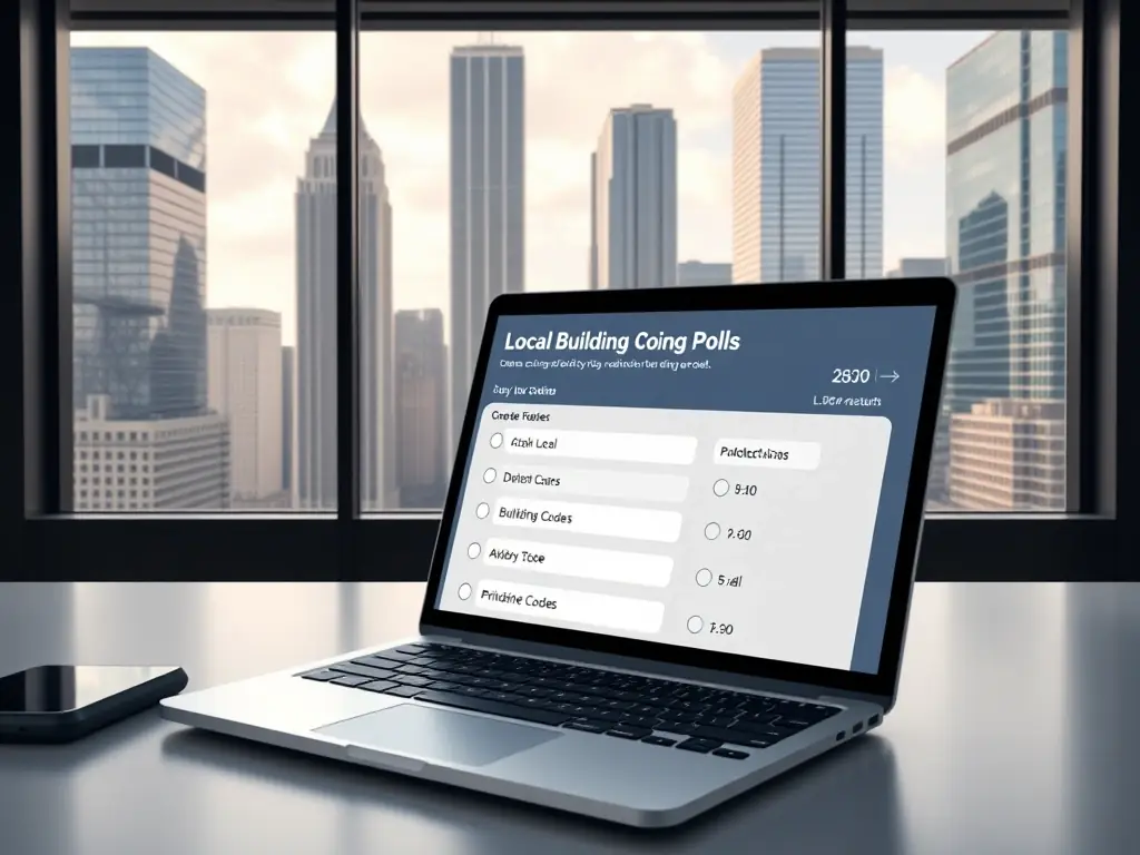 An interactive poll interface on a laptop screen, showing questions about local building codes and real-time results, set against a backdrop of city skyscrapers.