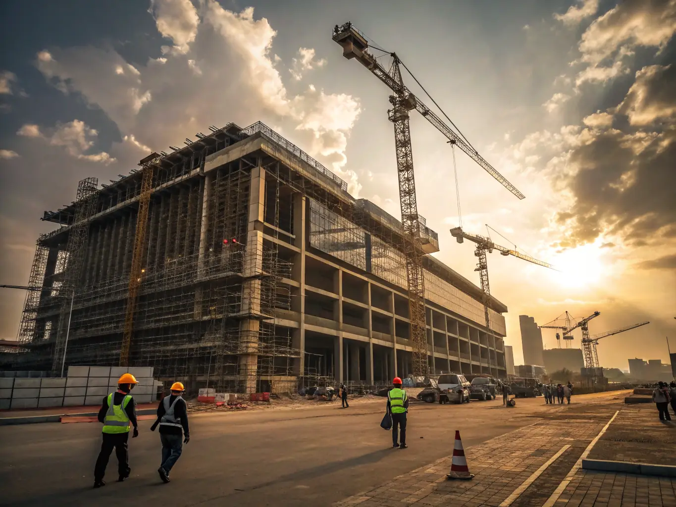 A modern high-rise building under construction in Johannesburg, South Africa, showcasing innovative construction techniques and sustainable materials.