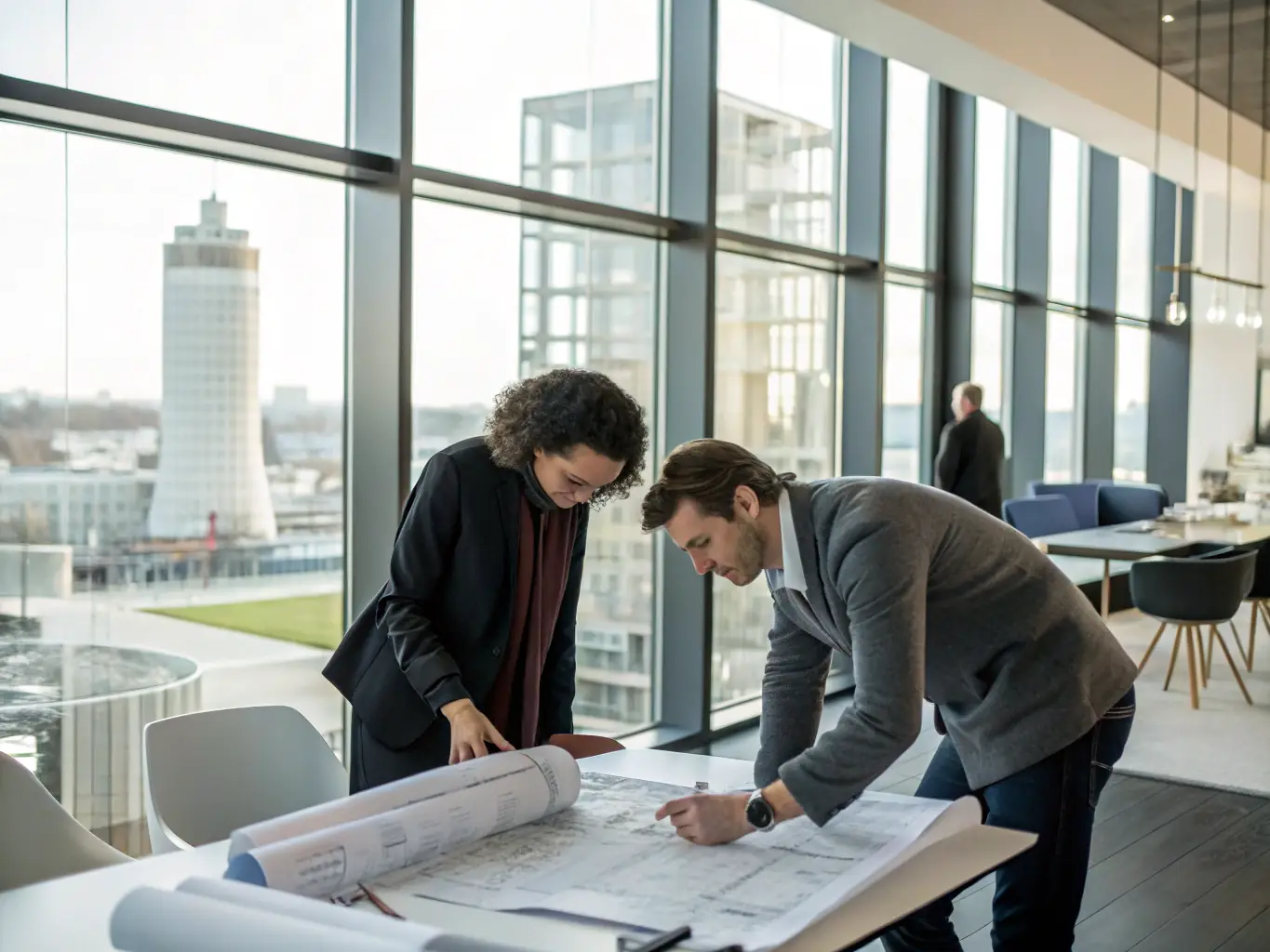 An architect presenting a blueprint of an urban architectural engineering project, emphasizing sustainable design and innovative use of space.
