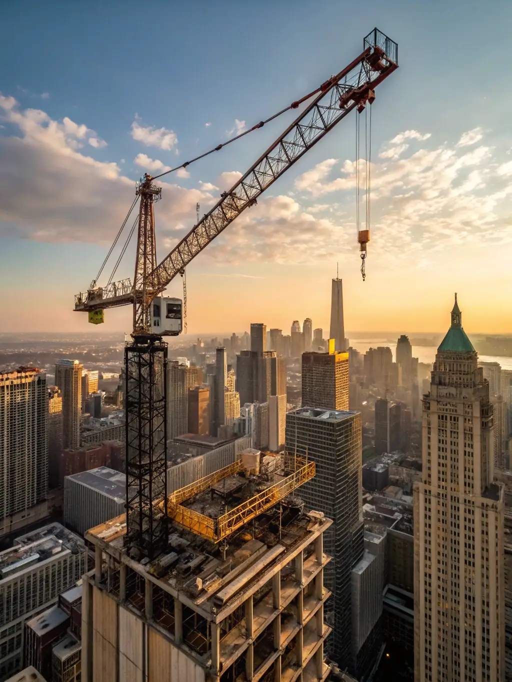 A modern skyscraper under construction in Johannesburg, South Africa, bathed in the warm light of the setting sun, emphasizing the rapid urban development.