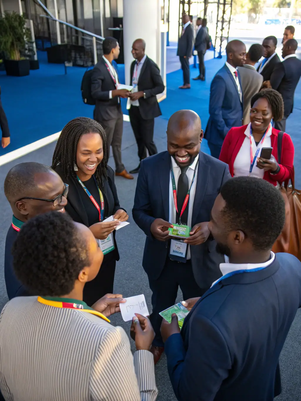 A diverse group of professionals networking at a business conference in Durban, South Africa, discussing urban planning and architectural trends.