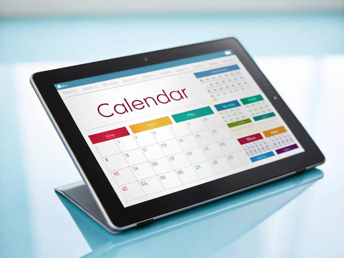 A detailed conference schedule displayed on a tablet, showing session times, speaker names, and topic descriptions, set against a modern architectural background.